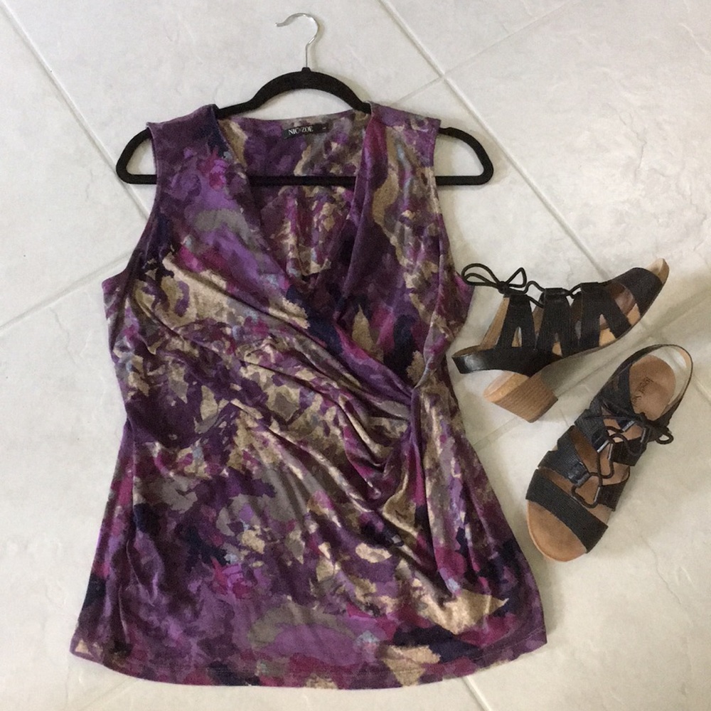 NIC + ZOE Sleeveless faux Wrap Around Purple and Multicolor V-neck Top